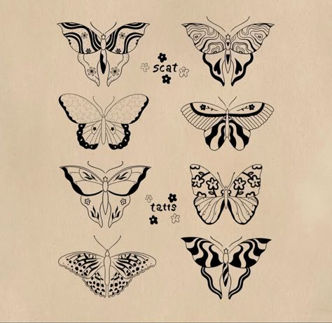 Groovy Butterfly Tattoo, Art Deco Butterfly Tattoo, Artsy Butterfly Tattoo, Funky Butterfly Tattoo, Butterfly Flash Sheet, Butterfly Stamp Tattoo, Western Butterfly Tattoo, Folk Butterfly Tattoo, Nonbinary Butterfly