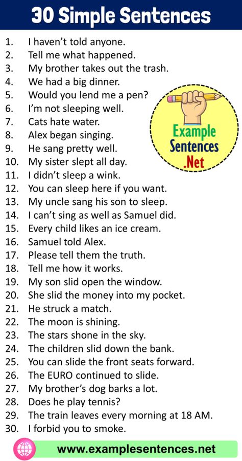 30 Simple Sentences Examples, 30 Example of Simple Sentence - Example Sentences Communication Phrases, Simple Sentences For Kids, Example Of Simple Sentence, Independent Clause, English Opposite Words, Simple Sentence, Sentence Examples, Sleeping Well, Not Sleeping