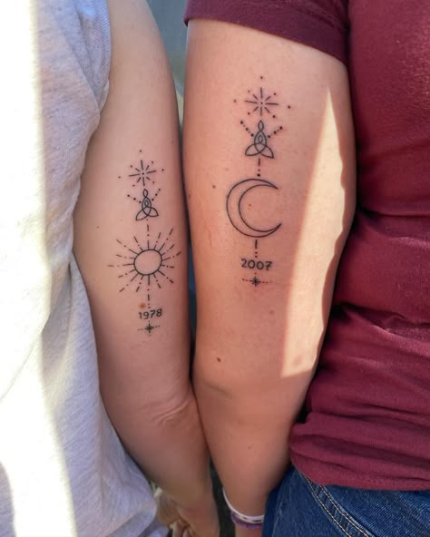 Me and my mamas matching tattoo ♥️ it represents kinda a funny thing honestly we have always said how I’m darker skinned then her and she is more light skinned and one day I said your like the sun and I’m like the moon because of our skin tone the top is the Celtic knot that represents us as mother daughter I would also say she is light that shines in my darkness and helps lead the way 🥹 Mother And Daughter Celtic Tattoo, Mother Daughter Celtic Knot Tattoo, Mother Daughter Small Tattoos, Matching Tattoos For Mother And Daughter, Matching Mother And Daughter Tattoos, Mother Daughter Celtic Knot, Mother And Daughter Tatoos, Mother Daughter Tattoos Meaningful, Matching Tattoos Mother Daughter