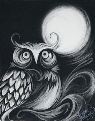 One of the things that makes her art so appealing is the sketch book...um almost lacksadasical feel it has to it, the easy flowing lines and the amazing detail somehow without much at the same time....just neat! So talented...what a gift you have sweet one, keep it up! Easy Charcoal Drawings, Black Paper Drawing, Charcoal Drawings, Owls Drawing, Drawing Faces, Soyut Sanat Tabloları, Charcoal Art, Chalk Drawings, Owl Art