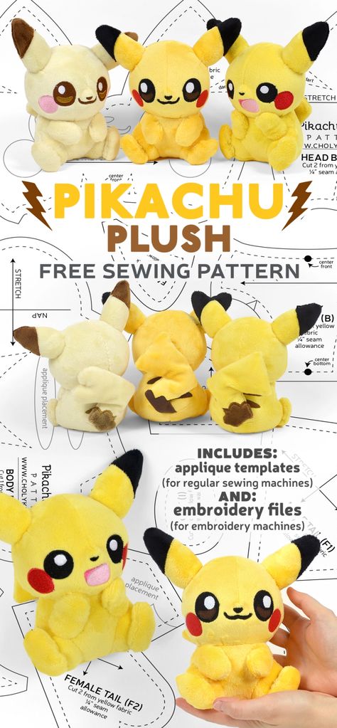 Free Pattern Friday! Pikachu Plush | Choly Knight Plush Template, Pokemon Diy, Baby Mobil, Pokemon Pattern, Pokemon Craft, Pikachu Plush, Cute Sewing Projects, Animal Sewing Patterns, Plushie Patterns