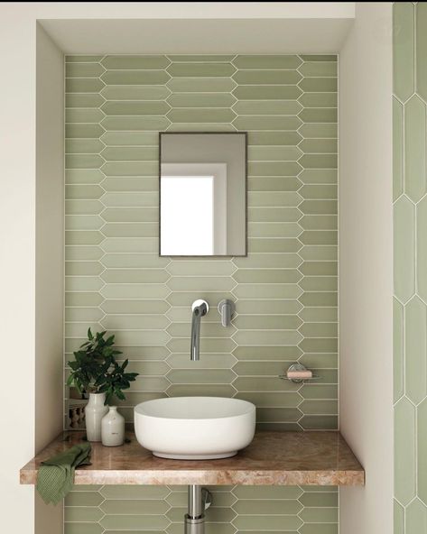 Sage Green Bathroom Tiles, Picket Tile Bathroom, Green Bathroom Tiles, Magical Bathroom, Sage Green Bathroom, Wallpaper Decor Ideas, Picket Tile, Wallpaper Design Ideas, Small Downstairs Toilet