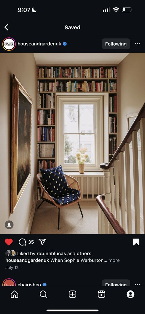 Bookshelf Around Window, Staircase Bookshelf, Stair Bookshelf, Top Of Stairs, Bookcase Wall, Home Design Inspiration, Bookshelves, Future Home, Bookcase