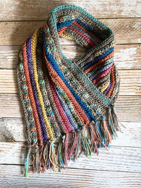 Experimenting with Color: Make a Scrappy Scarf | Creative Crochet Corner Use Up Yarn Scraps Crochet, Crochet Scrap Yarn Scarf, Corner To Corner Crochet Scarf, Crochet Bright Colors, Scrap Wool Crochet Projects, Granny Scarf Crochet Pattern, Crochet Granny Scarf, 3 Skein Crochet Projects, Scrap Crochet Blanket