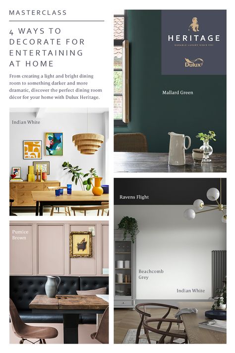 Create a dining room fit for entertaining with luxury paint colours from Dulux Heritage. Mallard Green Dulux Heritage, Little Mermaid Painting, Dulux Paint Colours, Bright Dining Rooms, Kitchen Colours, Mallard Green, Luxury Paints, Dulux Paint, Dulux Heritage