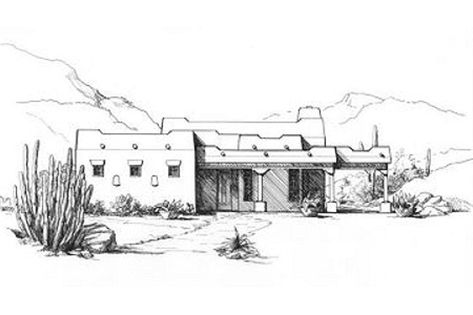 Plan #4-102 - Houseplans.com House Line Drawing, Adobe House Plans, Drawing Santa, How To Draw Santa, Adobe House, Santa Fe Style, Southwestern Design, Southwestern Style, Floor Plan Design