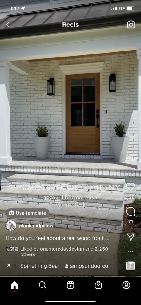 Front Porch With Brick Steps, Front Door Brick Steps, White Brick House With Red Brick Steps, White Brick Steps Front Porch, Brick Steps Front Porch Farmhouse, Door Company, Front Steps, White Oak, Front Porch