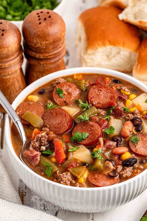 Cowboy stew Smoked Sausage Stew Recipes, Sausage Beans, Cowboy Stew, Sausage Stew, Canning Sweet Corn, Crock Pot Food, Soup With Ground Beef, Beef Bacon, Northern Beans