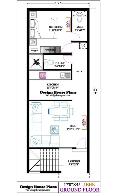 This house plan is a 17 x 45 house plan which is 765 sqft in total. This plan is a 1BHK ground floor plan which has a bedroom, hall, kitchen, puja etc. 1bhk Plan, 25×50 House Plan, 900 Sq Ft House, Affordable House Design, West Facing House, Double Story House, House Plans With Photos, Duplex Plans, Hall Kitchen