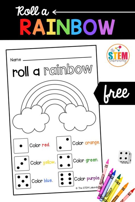 Roll a Rainbow is a fun count-and-color game that’s perfect to use as a math center or just-because activity. As kids race to fill their rainbow with red, orange, yellow, green, blue and purple, they count or subitize the numbers on a die. #prekmath #kindergartenmath #subitize #countinggames Math Stem Activities, Rainbow Template, Rainbow Lessons, Free Math Centers, Stem Boxes, Rainbow Activities, Math Centers Kindergarten, Spring Preschool, Math Coloring