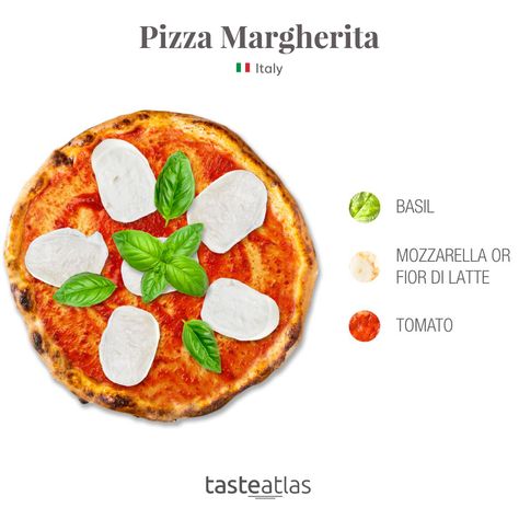 In 1889, Queen Margherita of Savoy visited Naples, where she was served a pizza that was made to resemble the colors of the Italian flag: red tomatoes, white mozzarella cheese, and green basil. Food Anatomy, Taste Atlas, Chef Taro, Pizza Menu Design, Recipe For Pizza, Neapolitan Pizza, Pizza Menu, Pizza Margherita, Food Infographic