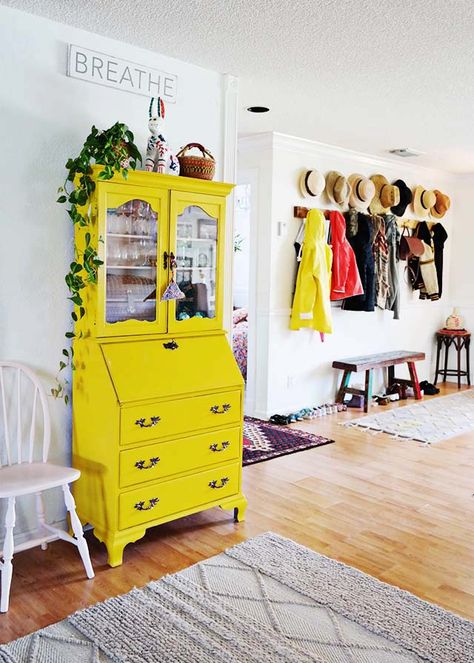 Refurbished Armoire, Yellow Painted Furniture, Easy Furniture Makeover, Diy Furniture Makeover Ideas, Yellow Cabinets, Salvaged Inspirations, Yellow Furniture, Painted Furniture Colors, Colorful Interior Design