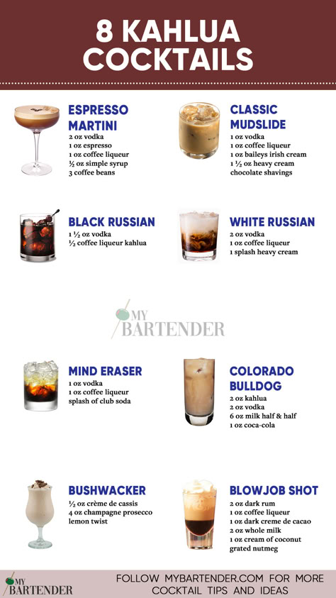 Kahlua Cocktails Liquor Recipes Mixed Drinks, Cocktails With Half And Half, Desert Cocktail Recipes, Coffee Liqueur Cocktails, Blended Alcoholic Drinks, Kaluah Recipes Cocktails, Coffee Alcoholic Drink, Coffee Liquor Drinks, Basic Bar Drinks