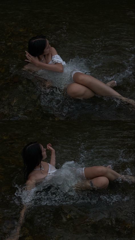 Floating On Back In Water, Fairy River Photoshoot, River Shoot Ideas, Dark Lake Photoshoot, River Siren Aesthetic, River Fairy Aesthetic, Water Stool Photoshoot, White Dress River Photoshoot, River Dress Photoshoot