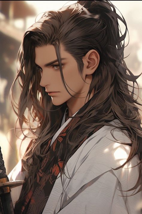 Dark Brown Long Hair, Brown Hair Male, Anime Guy Long Hair, Character Inspiration Male, Anime Male, Long Brown Hair, Fantasy Male, Long Black Hair, Anime Men