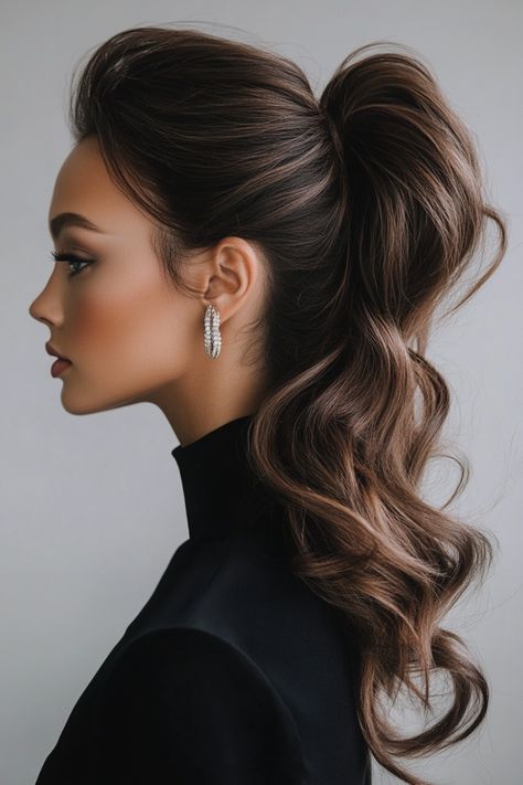 Discover the perfect ponytail hairstyles for any event, whether it's a casual outing or a special occasion like a wedding. From chic styles with bangs to intricate braided looks, there's a ponytail to suit every preference. Explore various styling options to effortlessly enhance your outfit and mood - from relaxed low ponies to sophisticated braids that add an elegant touch of glamour to your ensemble. Big Low Ponytail, Loose High Ponytail Hairstyles, Updo For Party, Soft Ponytail Hairstyles Wedding, Hairstyle Tail Elegant, Brunette Bridesmaid Ponytail, Classy High Ponytail Hairstyles, Elegant Ponytail Black Women, Elegant Wedding Ponytail