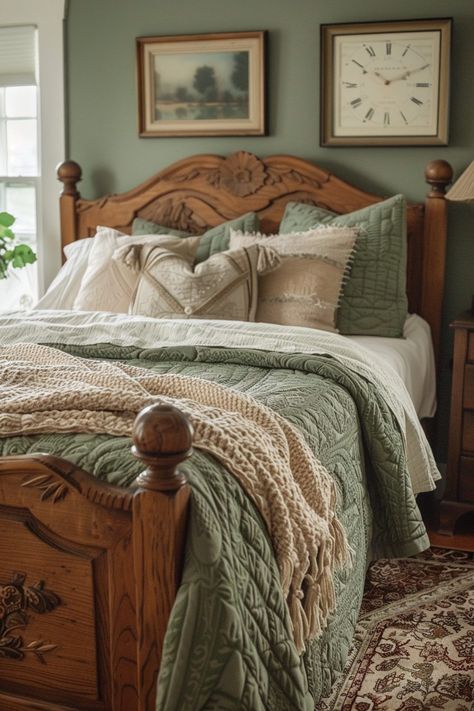 29 Sage Green Farmhouse Bedroom Ideas for a Fresh Update - My Elegant Home Green Bedroom Blankets, Farmhouse Bedroom Green Walls, Green Cottage Bedroom Ideas, Sage House Decor, Farmhouse Reading Room Ideas, Farmhouse Green Bedroom, Sage Green Bedroom Furniture, Green Cottage Bedroom, Bedroom Ideas Cottagecore