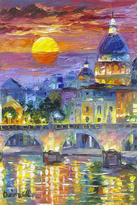 Check out the breathtaking impressionistic landscapes of Rome and other popular European destinations by Daniel Wall at Park West Gallery! Paintings Of Cities, Europe Painting Acrylic, Colorful City Painting, Impressionist Paintings Buildings, European City Painting, Impressionist Cityscape, Travel To Rome, City Paintings, Camel Painting