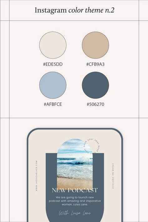 Instagram Color Theme Inspiration White And Blue Colour Palette, Blue Tan White Color Palette, Beige And Blue Palette, Neutral Color Palette With Blue, Instagram Color Palette Theme, Color Palette For Instagram Feed, Blue Beige Color Palette, Color Palette Instagram Feed, Instagram Feed Color Palette