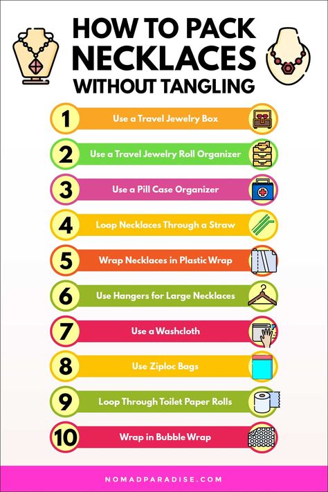 How to pack your jewelry without tangling. Travel hacks, travel packing, pack necklaces for travel, pack necklaces for moving, packing tips for your next trip, packing hacks. #nomadparadise #packingjewelry Pack Jewelry For Travel, Packing Necklaces, Tangled Jewelry, Moving Hacks, Moving Hacks Packing, Jewelry Roll Travel, Jewelry Hacks, Packing Hacks, Large Jewelry Box