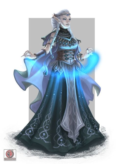 Female elf high elf sorcerer with blue energy  spell caster very alien looking  DnD / Pathfinder character or antagonist  cool layered outfit - ideas for painting miniatures Dnd Sorcerer, Temple Guardian, Blue Wizard, Dnd Elves, Pathfinder Character, Female Elf, Elf Art, High Elf, Female Character Concept