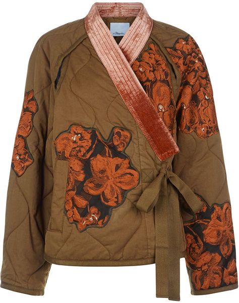 3.1 Phillip Lim Khaki Floral Appliqué Utility Jacket  Details: This khaki utility jacket rivals the bomber as this season's throw-on trophy piece, subtly quilted with orange flower appliqué and a traditional tie-wrap front. Patchwork Clothes, Khaki Jacket, Wrap Jacket, Patchwork Jacket, Wrap Shawl, Cotton Kimono, Floral Jacket, Quilted Coat, Floral Kimono