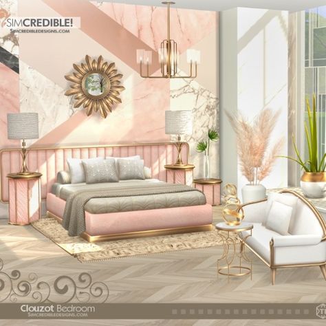 New bedroom freely inspired by Art Deco style. Clouzot is a sophisticated, classy and elegant set, with lots of pieces in gold or silver finishes and velvet fabric. Definitely a must have for your luxury sims ^^ by SIMcredibledesigns.com

now available at TheSimsResource Sims 4 Glam Furniture Cc, Sims 4 Cc Classy Furniture, Sims 4 Cc Pink Room Decor, Pink Bedroom Sims 4 Cc, Sims 4 Cc Living Room Sets, The Sims Resource Sims 4 Furniture Bedroom, Art Deco Bed, Dresser Sets, Gold Bedroom