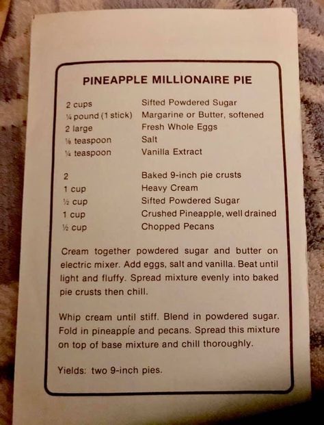 Millionaire Pie Furrs Recipe, Furrs Cafeteria, Millionaire Pie Recipe, Cafeteria Recipes, Millionaire Pie, Apple Fritter Bread, Cafeteria Food, Fried Pies, Baked Pie Crust