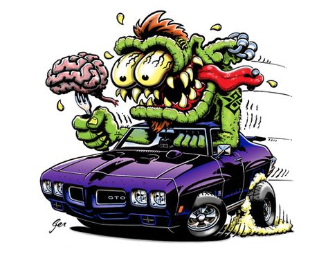 GTO Rat Fink Art Cartoons, Rat Fink Art, Ed Roth Art, Buick Gsx, Gto Car, Cartoon Car Drawing, Racing Tattoos, Ed Roth, Monster Car