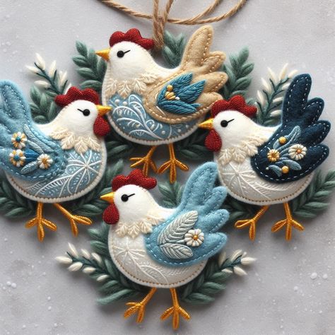 Felt Embroidery Projects Ideas, Diy Christmas Felt Ornaments, Easter Felt Crafts, Fall Felt Crafts, Felt Chicken, Christmas Felt Ornaments, Felt Easter Crafts, Holiday Art Projects, Easy Christmas Ornaments