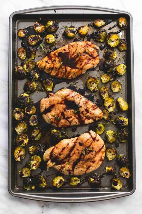 Dinner With Brussel Sprouts, Brussels Sprouts Dinner, Sheet Pan Balsamic Chicken, Chicken Brussels Sprouts, Pan Chicken Breast, Balsamic Chicken Breast, Chicken Brussel Sprouts, Balsamic Chicken Thighs, Healthy Sheet Pan