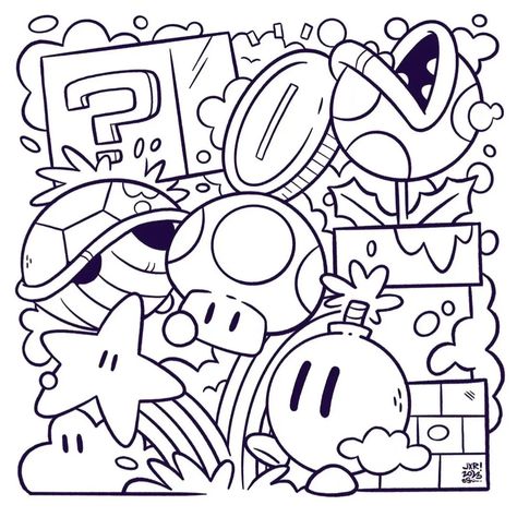 Mario Bros inks. I feel like I need to release this as a coloring page or something. I love the Mario franchise so much. The characters, the worlds and the overall gameplay are some of my favorites. A Coloring Page, Mario Art, Easy Drawings Sketches, Graffiti Drawing, Cute Doodle Art, Cool Coloring Pages, Doodle Art Designs, Coloring Book Art, Cute Coloring Pages