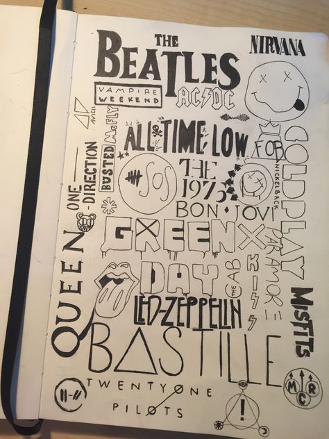 Emo Notebook Doodles, Rock Doodles Music, Music Record Drawing, Rock Star Drawing, Music Doodles Aesthetic, Band Doodles, Song Doodles, Album Cover Drawings, Album Drawings