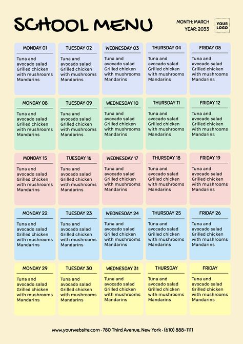 Customize this school menu now and use it in your college. Click on the image to discover more #SchoolLunchMenu #Edit School Lunch Schedule, School Cafeteria Menu Ideas, School Lunch Menu Template, Lunch Menu Template, Lunch Schedule, High School Lunches, Avocado Lunch, School Lunch Menu, School Menu