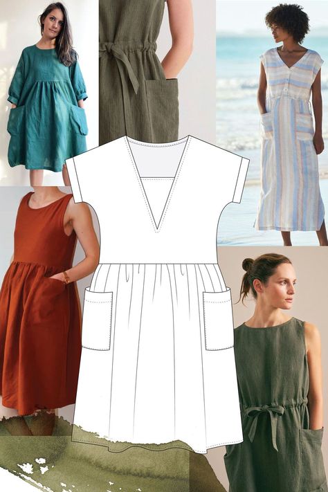 Plus Size Simple Dress, Boxy Dress Pattern, Jersey Knit Top Sewing Pattern, Low Waste Sewing Patterns, Gathered Sleeves Pattern, Digital Sewing Patterns, Linen Dress Sewing Pattern, Dress From Tshirt, Linen Dress Pattern Free