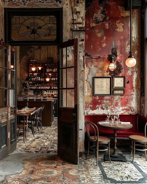 Design ��• Instagram Cozy Wine Bar, Vintage Bar Aesthetic, Hotels Exterior, Restaurant Design Rustic, French Bar, Brick Room, Boho Bar, Central Bar, Speakeasy Bar