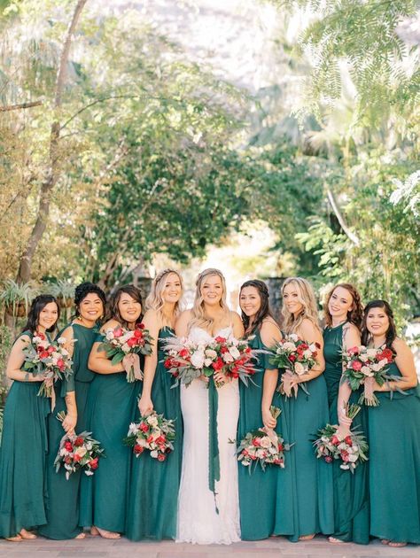 Wedding bridal party in green | Rich green bridesmaid dresses from David's Bridal in Juniper | Bohemian Art Deco Desert Wedding featured by Martha Stewart Weddings #DBMaids Teal And Grey Wedding, Teal Wedding Theme, California Desert Wedding, Pastel Invitation, Teal Blue Weddings, Teal Bridesmaid, Teal Bridesmaid Dresses, Joshua Tree Wedding, Boda Mexicana