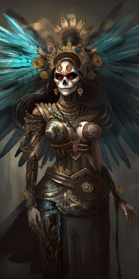 Itzpapalotl is a fearsome goddess of Aztec mythology, known as the "Obsidian Butterfly." She is depicted as a skeletal figure with jagged obsidian blades for Mayan Mythology, Aztec Goddess, Goddess Of Destruction, Aztec Mythology, Mexico Tattoo, Obsidian Blade, Aztec Artwork, Mexican Culture Art, Aztec Tattoo