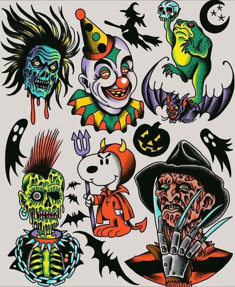 American Traditional Halloween Tattoo, Spooky Tattoo Flash, Traditional Tattoo Halloween, Black Flash Tattoos, Halloween Tattoo Flash, Halloween Tattoos Sleeve, Tattoo Halloween, Zombie Tattoos, Traditional Tattoo Flash Art