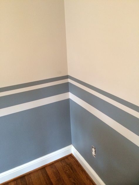 Geometric Wall Paint Two Colors, Blue Tape Wall Design, Accent Stripe On Wall, Accent Wall Design Ideas Bedrooms, Paint Halfway Up Wall, Wall Painting With Tape Design, Blue Wall Painting Ideas, Exterior Wall Painting Ideas, Wall Stripes Paint Ideas