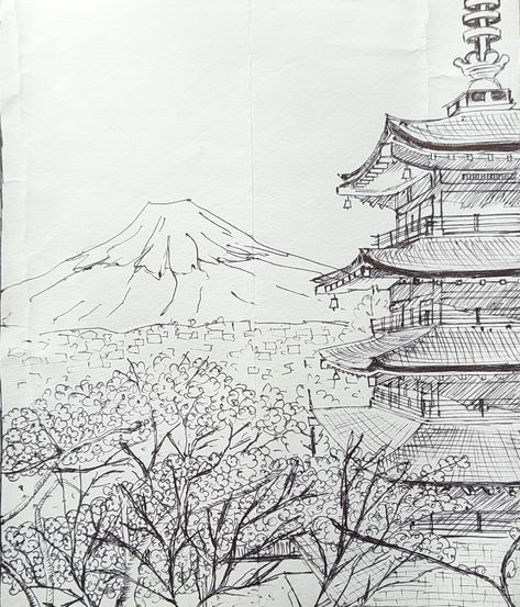 Mount Fuji Drawing Japanese Art, Japanese Landscape Sketch, Japanese Nature Drawing, Japanese Tower Drawing, Sake Bottle Drawing, Japanese Temple Drawing Easy, Japan Pencil Drawing, Japan Drawing Ideas, Japan Architecture Drawing