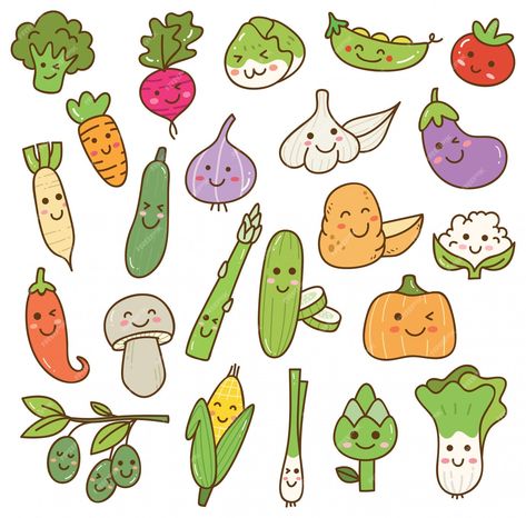 Premium Vector | Set of kawaii vegetables Kawaii Vegetables, Cute Vegetables, Vegetable Drawing, Vegetable Cartoon, Vegetable Design, Food Doodles, 동화 삽화, Cute Food Drawings, Small Drawings