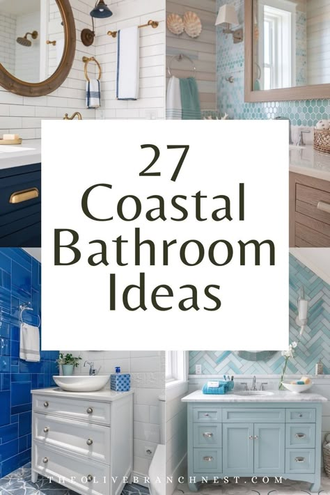 Master Bath Coastal, Beachy Bathroom Coastal Style, Coastal Primary Bedroom, Bathroom Coastal Style, Beach Themed Bathrooms, Cozy Bathroom Decor, Classic Powder Room, Room And Bathroom Ideas, Small Coastal Bathroom