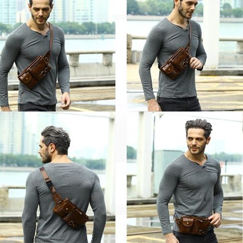 Men's Leather Waist Pack Belt Bag Crossbody Shoulder Bag For Mobile Phone Waist Bag Outfit Men, Waist Pack Men, Leather Waist Pack, Mens Waist Bag, Waist Bag Men, Girls Messenger Bag, Waist Bag Leather, Leather Baseball Cap, Leather Waist Bag