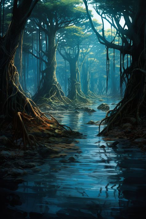 Fantasy Swamp Art, Swamp Reference, Mangroves Art, Swamp Concept Art, Mangrove Art, Fantasy Swamp, Swamp Trees, Swamp Art, Florida Swamp