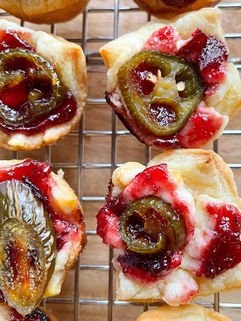 Cranberry Jalapeño Bites - Cook Fast, Eat Well Jalapeño Bites, Jalapeno Bites, Cream Cheese Puffs, Cranberry Bites, Cream Cheese Puff Pastry, Cranberry Jalapeño, Holiday Appetizers Easy, Leftover Cranberry Sauce, Pizza Wheel