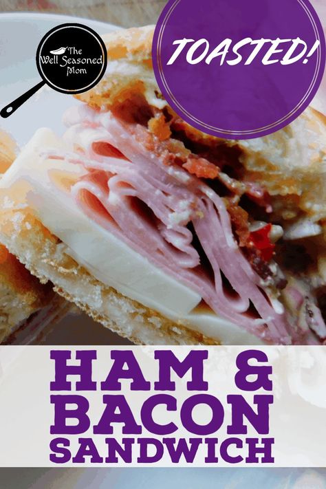 Ham and Bacon Sandwich makes an easy meal out of the box – or in, if a picnic is in your plans! Oven toasted hoagie buns make this gourmet sandwich pop! #coldsandwich #deliham #submarinesandwich #sammies #dinner #minisub #bestdamnsandwich #porkout Ham And Bacon Sandwich, Ham And Cheese Toasted Sandwich, Honey Baked Ham Sandwiches, Canadian Bacon Sandwich, Canadian Bacon Breakfast Sandwich, Hoagie Buns, Easy Easter Dinner, Pork Sausage Recipes, Budget Freezer Meals