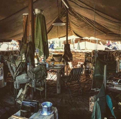 modern day re-enacted Vietnam battle Australian army tent interior Army Interior Design, Jungle Tent, Safari Explorer, Tent Interior, Army Tent, Australian Army, Army Base, Bataan, Camping Aesthetic