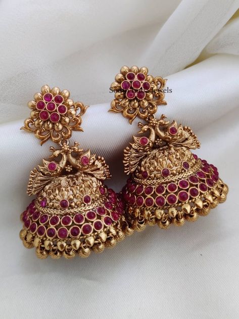 Buy South Indian Earrings & Jhumkas Online - Premium Quality South Indian Jhumkas Gold, 12 Grams Gold Earrings, Simple Daily Wear Earrings Gold Indian, Jumkas Gold, One Gram Gold Earrings, Gold Jumkas, South Indian Earrings, Ruby Necklace Designs, Gold Jhumkas