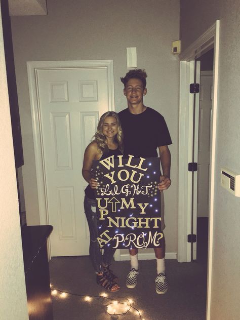 This is so cute! I am taking it she said yes! Unless it was Sadie Hawkins Dance :] Adding a few #blinkies can go a long way. http://www.flashingblinkylights.com/light-up-products/craft-lights/blinkies-round-leds.html Prom Invites, Cute Promposals, Prom Pictures Group, Prom 2k17, Prom Posters, Cute Homecoming Proposals, Cute Prom Proposals, Asking To Prom, Dance Proposal